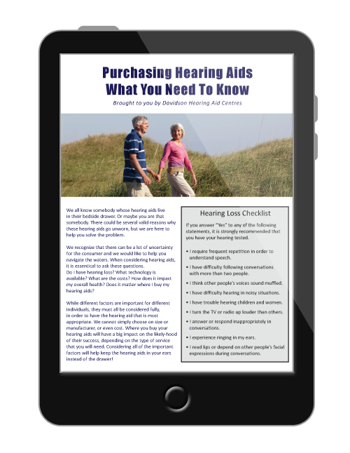 tablet displaying Davidson's purchasing hearing aids online guide