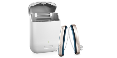 Signia Syletto Slim RIC hearing aids with charging case