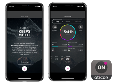 Screen Shots of the Oticon Opn App for iPhone showing the HearingFitness tracker screens