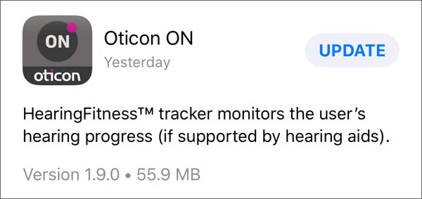 Oticon hearing aid Opn App update note for HearingFitness tracker update