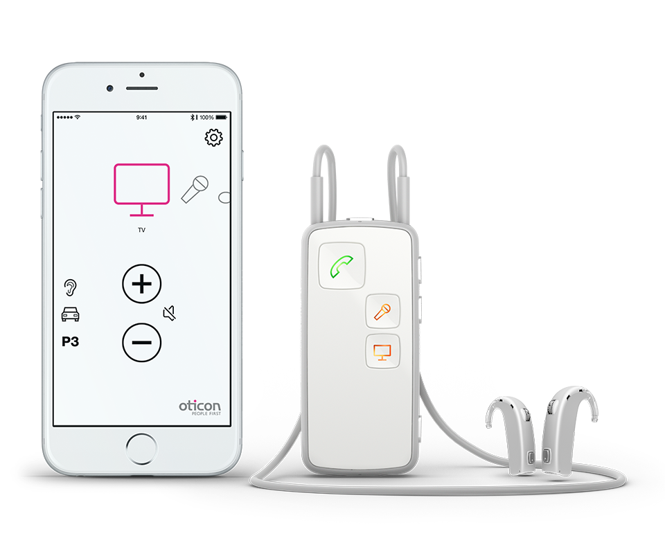 Oticon ConnectLine App on an iPhone with the ConnectLine Streamer and a set of hearing aids.