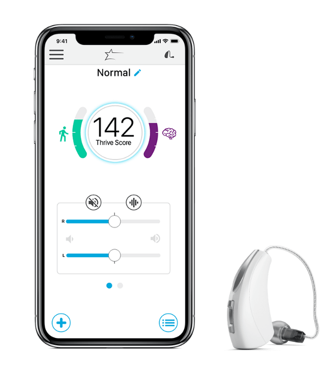 Starkey Livio AI MFi hearing aid and an iPhone with the Thrive app