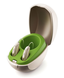 Shot of the Phonak Audeo Marvel rechargeable hearing aids in the charging case
