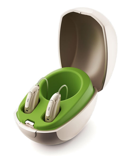 Shot of the Phonak Audeo Marvel rechargeable hearing aids in the charging case